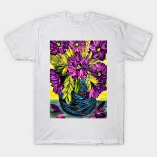 Bright purple flowers on a turquoise vintage vase T-Shirt